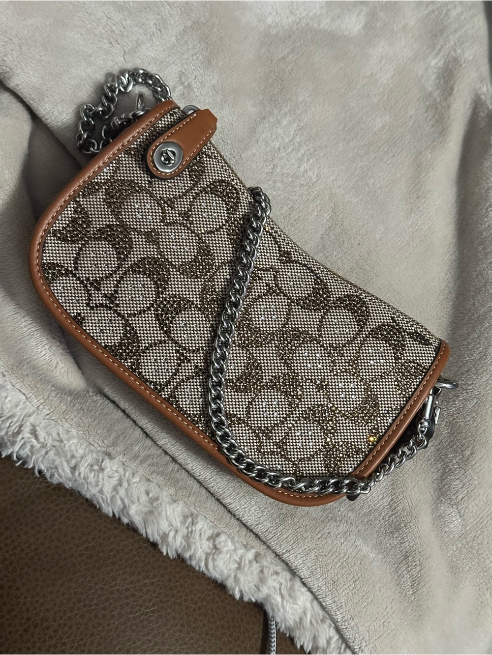 Coach Beige and Brown Signature Canvas Chain Shoulder Bag
